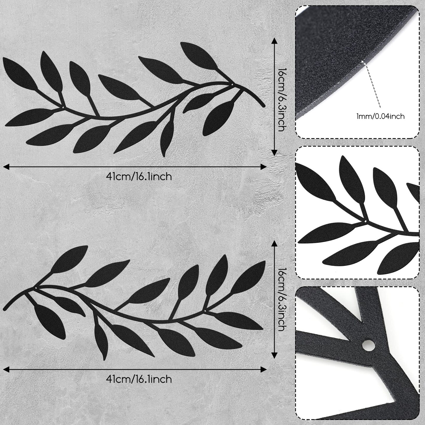 2 Pieces Metal Tree Leaf Wall Decor Vine Olive Branch Leaf Wall Art Living Room, Hallway Wall Decor Outdoor Decoration (Black)