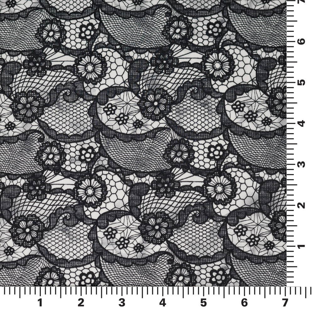 1 Yard Black Paisley Lace Pattern on White Printed Spandex Fabric 4-Way Stretch Nylon Blend 55/56 Width