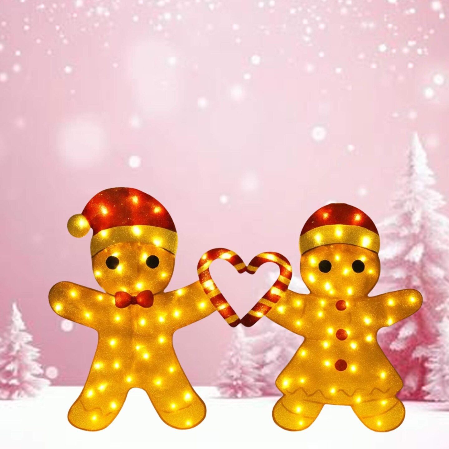 Delightful Light Up Gingerbread Man Couple with Heart-Shaped Candy Cane 32&#x22;H