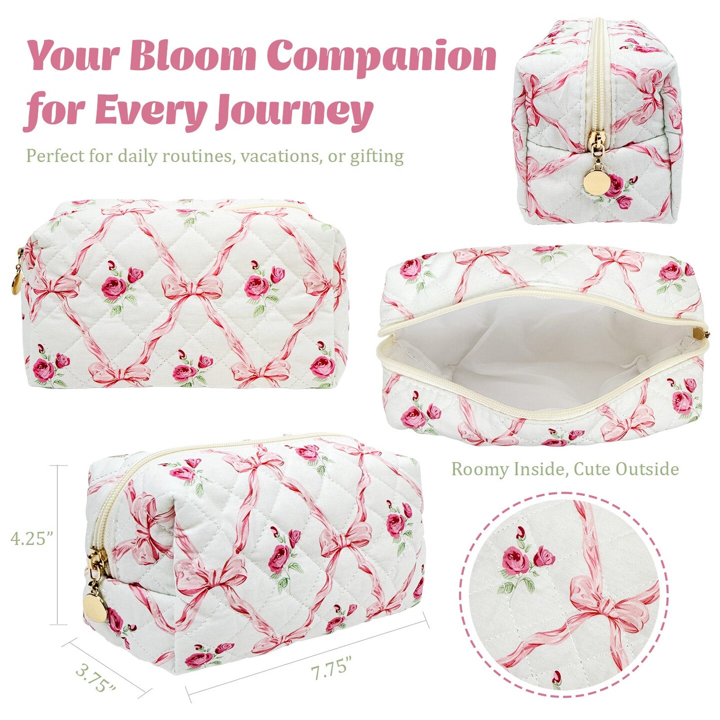 Wrapables Floral Quilted Makeup Bag for Cosmetics, Toiletries, Travel, Pink Bow