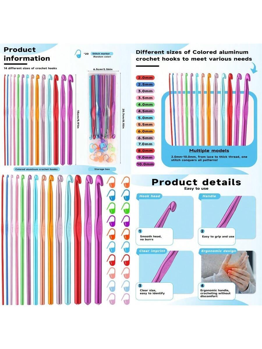 35 PCS Crochet Hooks Set, Colored Aluminum Ergonomic Handle Knitting Needles