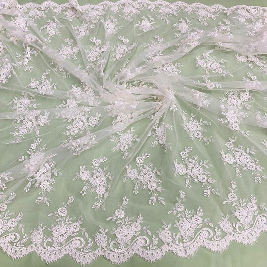 1 Yard Corded Bridal Lace Fabric Embroidered on 100% Polyester Net Mesh- 56" Wide