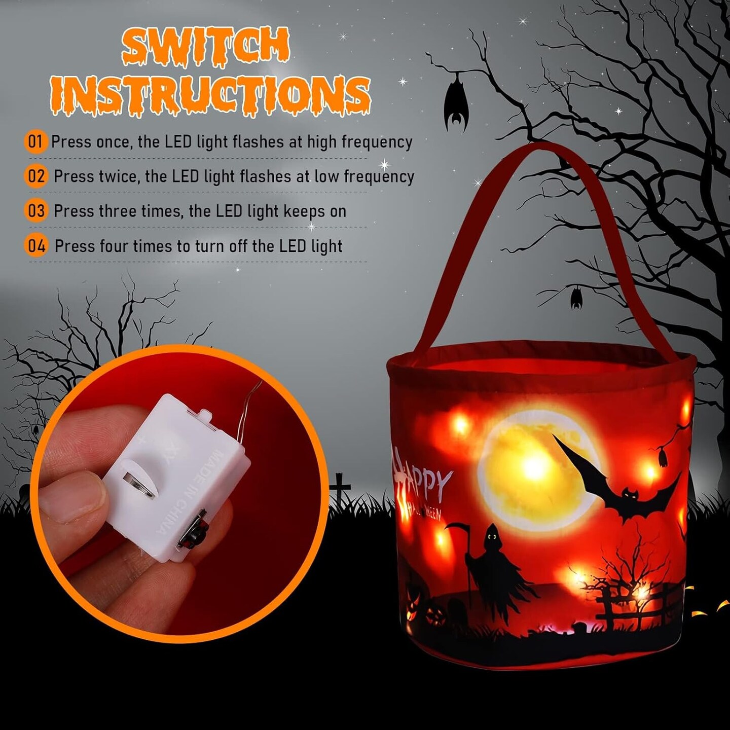 Trick or Treat Candy Bags Light Up Pumpkin Bucket (Red)