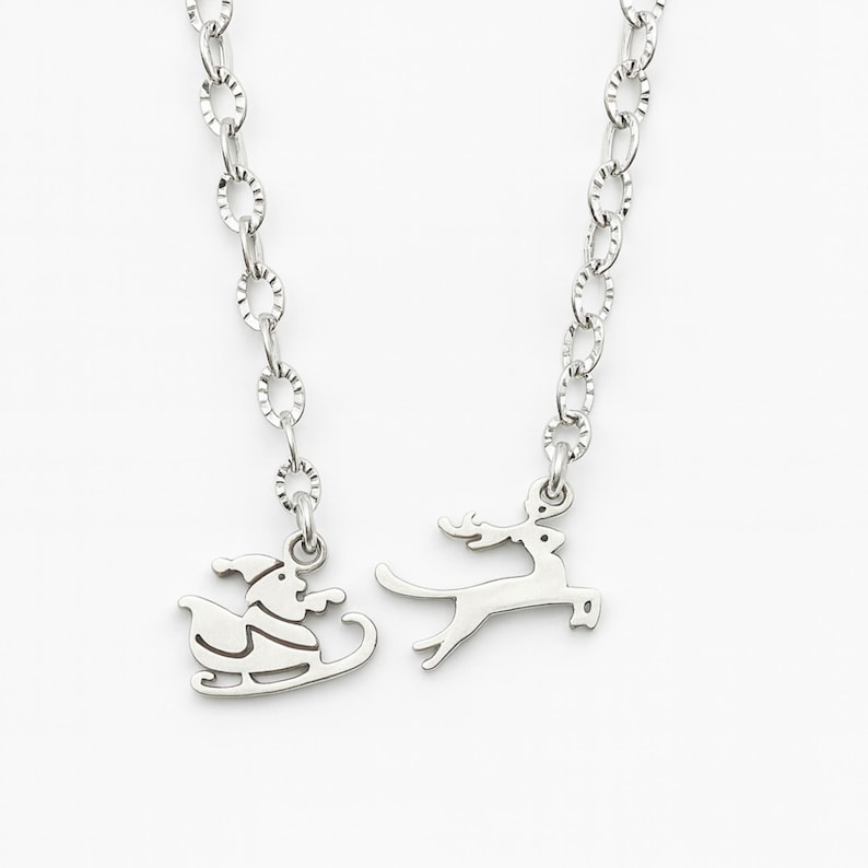 Silver Santa Sleigh and Reindeer Necklace – Dainty Holiday Pendant-  Christmas Jewelry Gift for Her Festive Winter Charm Necklace MakerPlace  by
