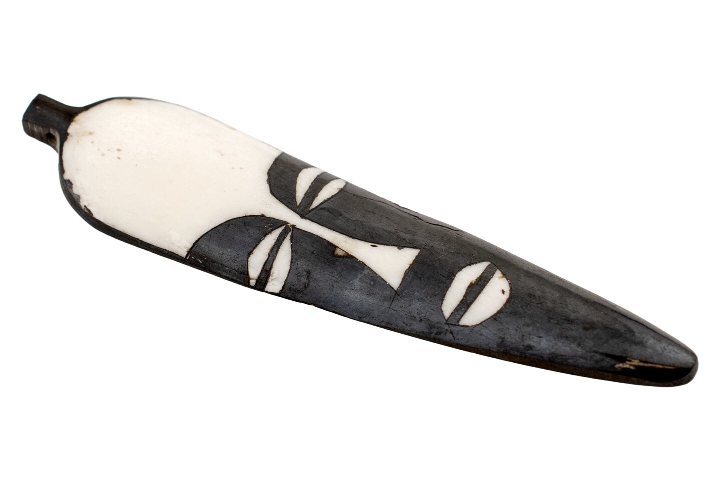 The Bead Chest Elongated Mask Batik Bone Feather Pendant 100x22mm Kenya African Black and White Flat Handmade