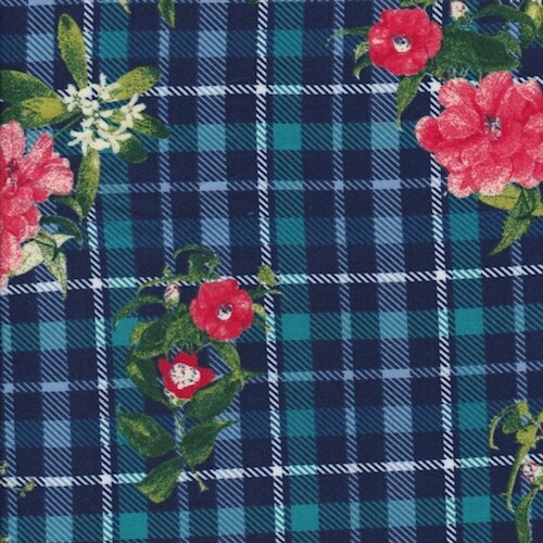 Blue/Teal Plaid Floral Double Brushed Jersey Knit Fabric By the Yard