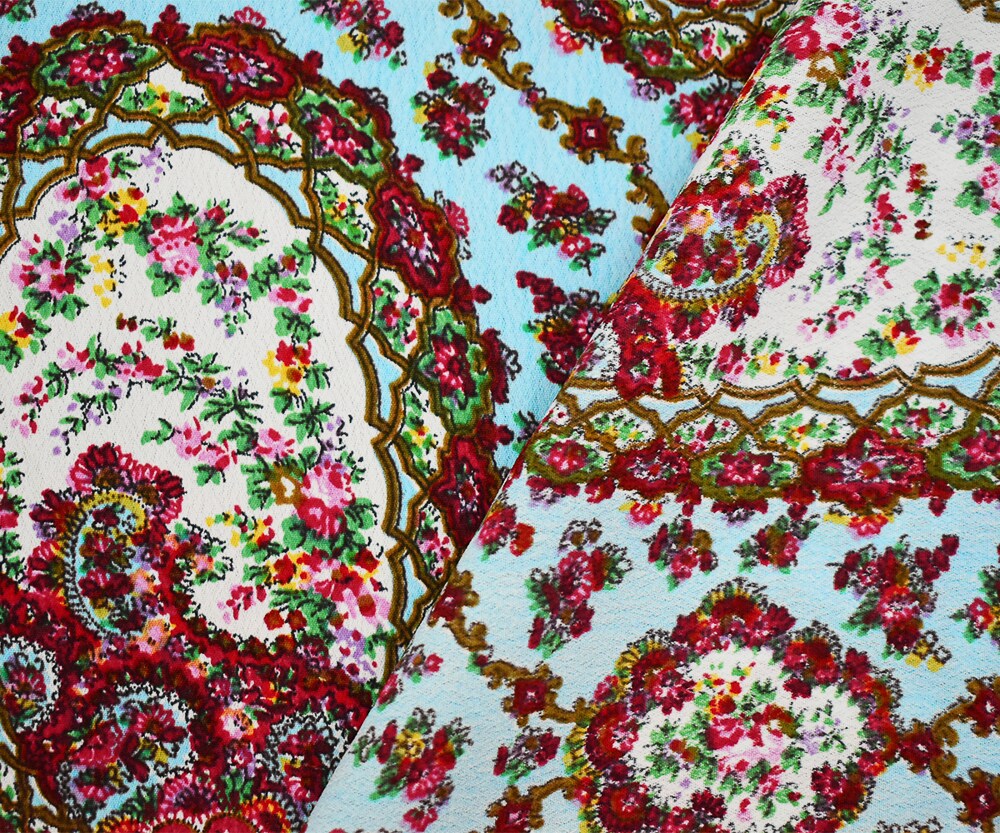 Blue-Red-Multi Floral Frame Trellis Printed Rayon Crepe Faille Fabric By the Yard