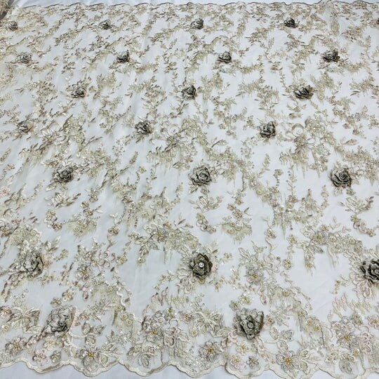 1 Yard Beaded Rhinestone 3D Floral Lace Fabric Embroidered 100 Percent Polyester Net Mesh 50 inch Width