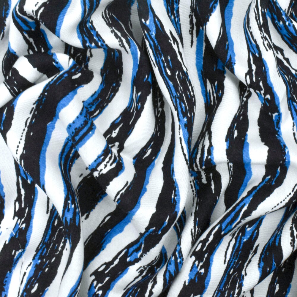 Night Blue-White-Blue Painting Stripe Printed Rayon Challis Woven Fabric By the Yard