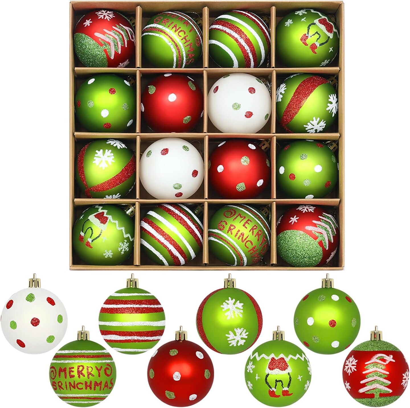 Set of 16 Christmas Tree Ornaments Decorations Balls (Red and Green)