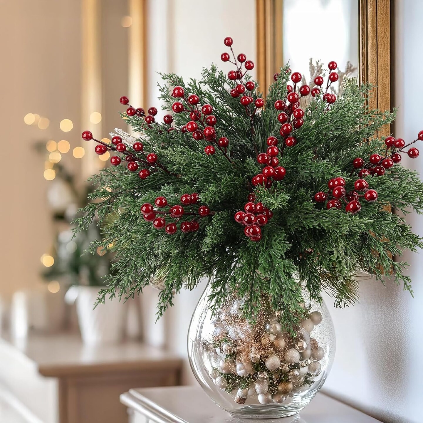 84Pcs Christmas Artificial Pine Branches with Red Berry Stems (Green) 3&#x22;D x 4&#x22;W x 17.7&#x22;H