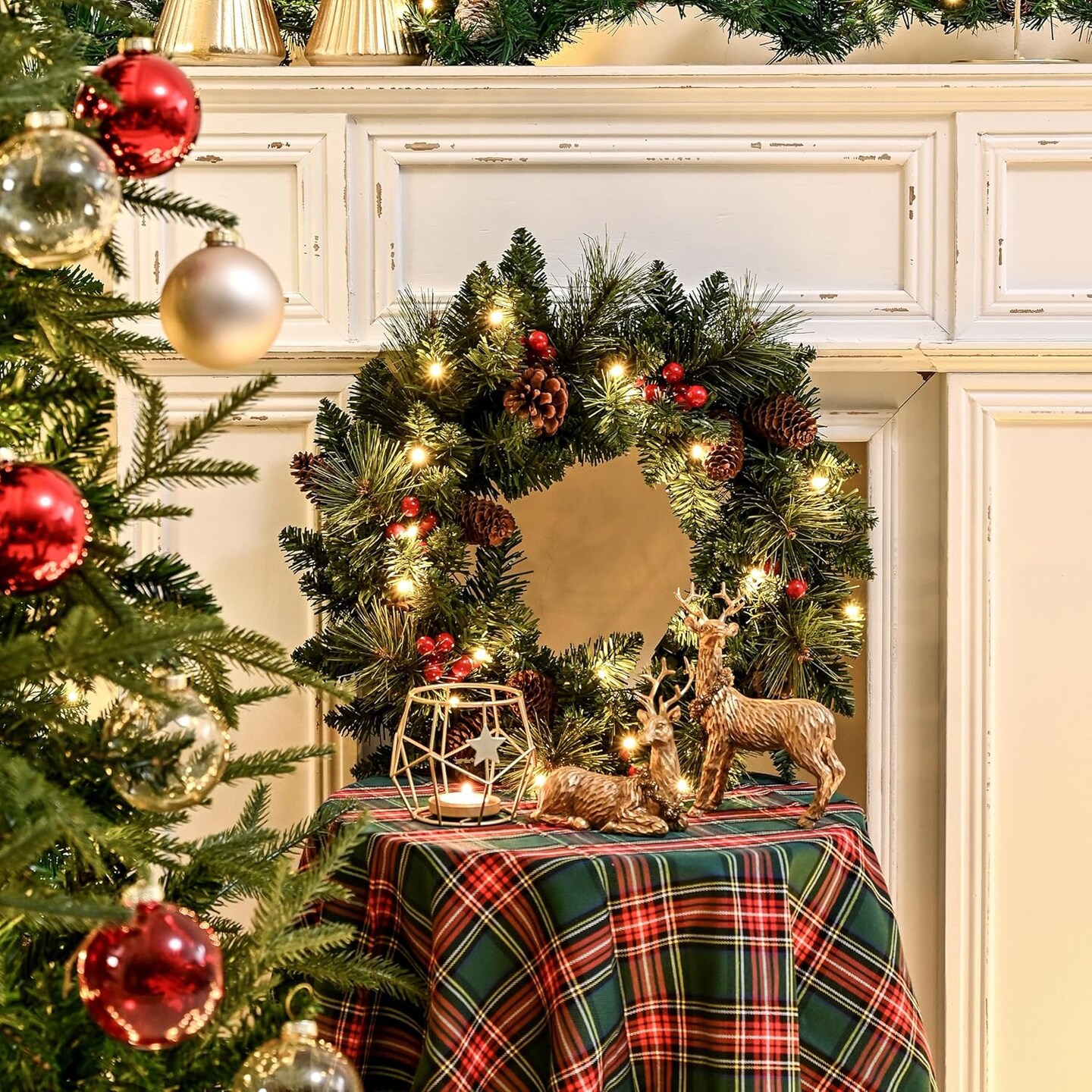 20Inch Pre-Lit Light up Christmas Wreath Green (Leaves&#x26;red Berries) 15.76&#x22;D x 15.76&#x22;W x 3.94&#x22;H
