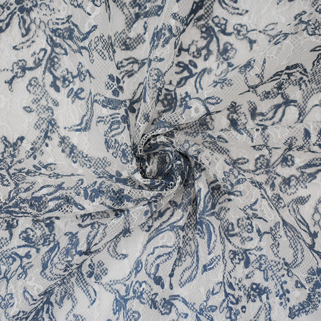 White-Blue Nylon Floral Vine Printed Lace Mesh Knit Fabric By the Yard
