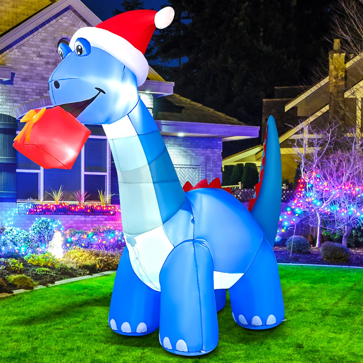 GOOSH 8FT Animated Blue Dinosaur Inflatable with Nodding Head and LED Lights