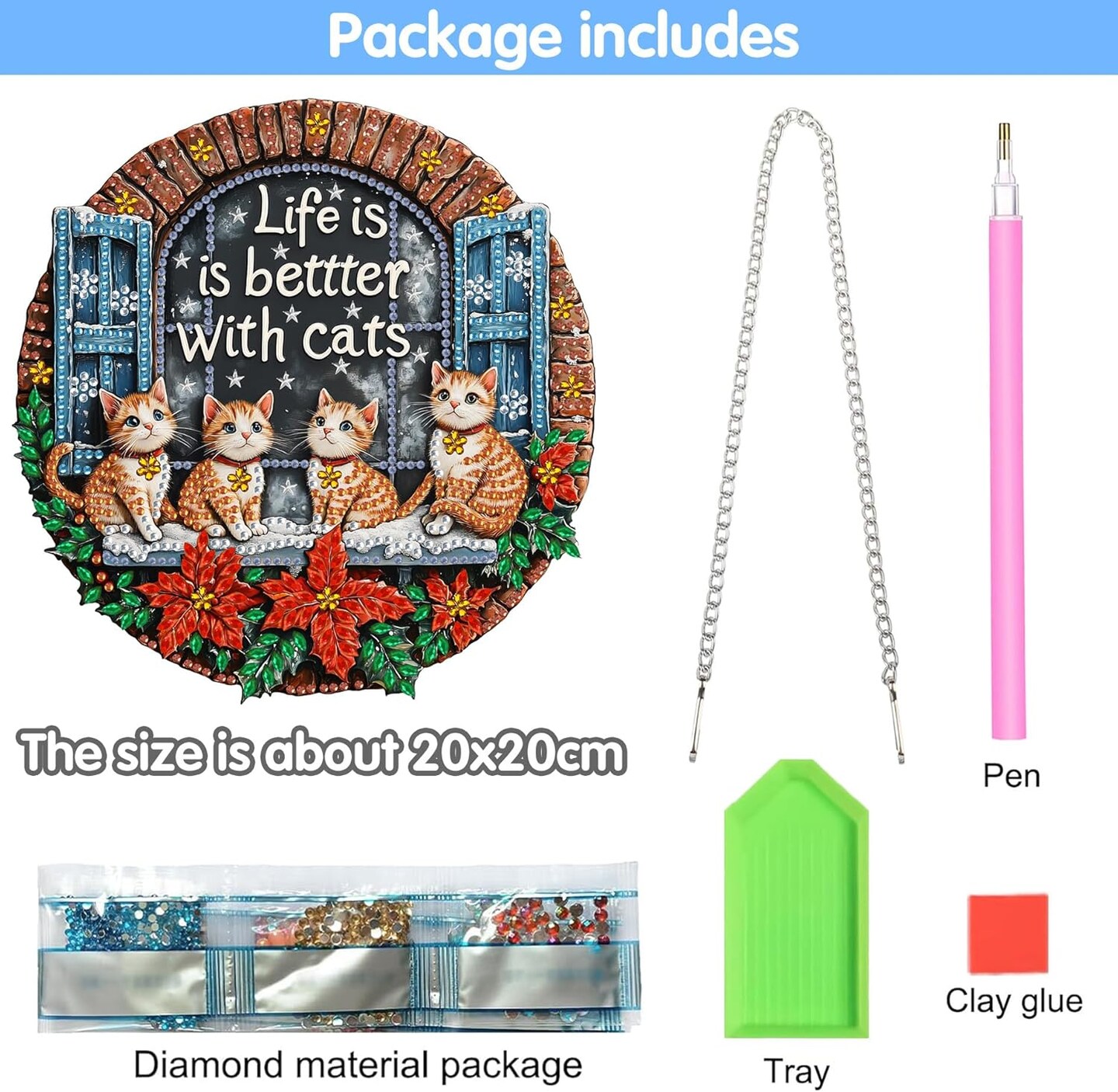 8x8 Inch Christmas Cat Acrylic Diamond Art Suncatcher