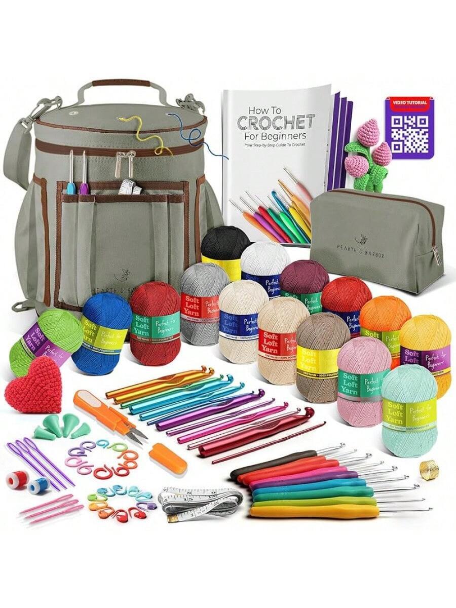 Crochet Kit for Beginners with Yarn, 21 Hooks Knitting Kit Bag with Instructions and Video Tutorials