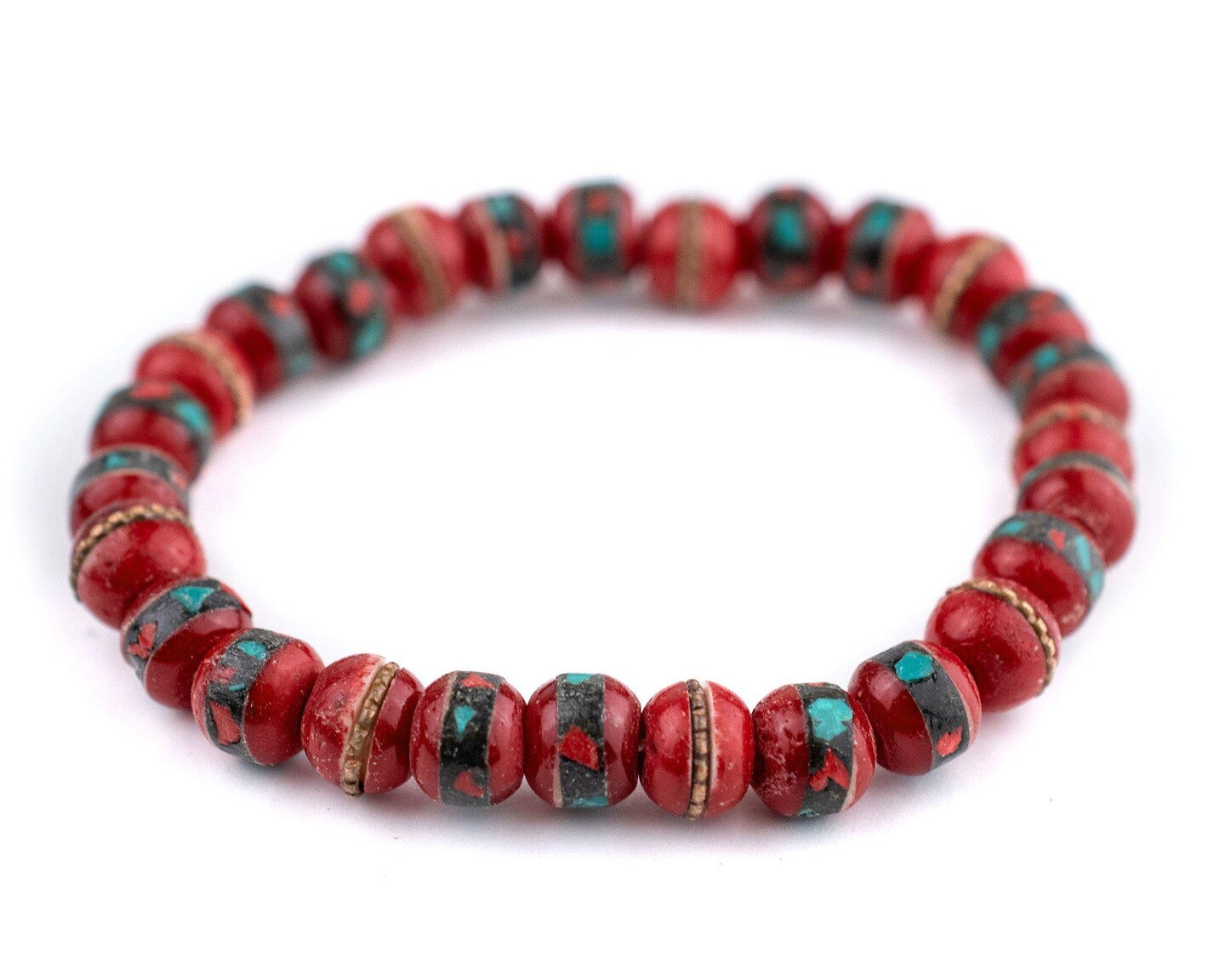 The Bead Chest Mala Stretch Bracelet, Red - Stackable Nepal Bone Inlaid with Turquoise & Coral Colors, 100% Authentic and Genuine