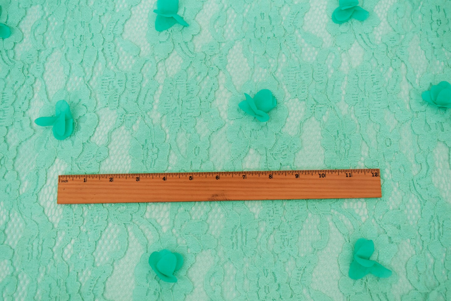 Pastel Teal Cotton-Poly Floral Applique Lace Mesh Knit Fabric By the Yard