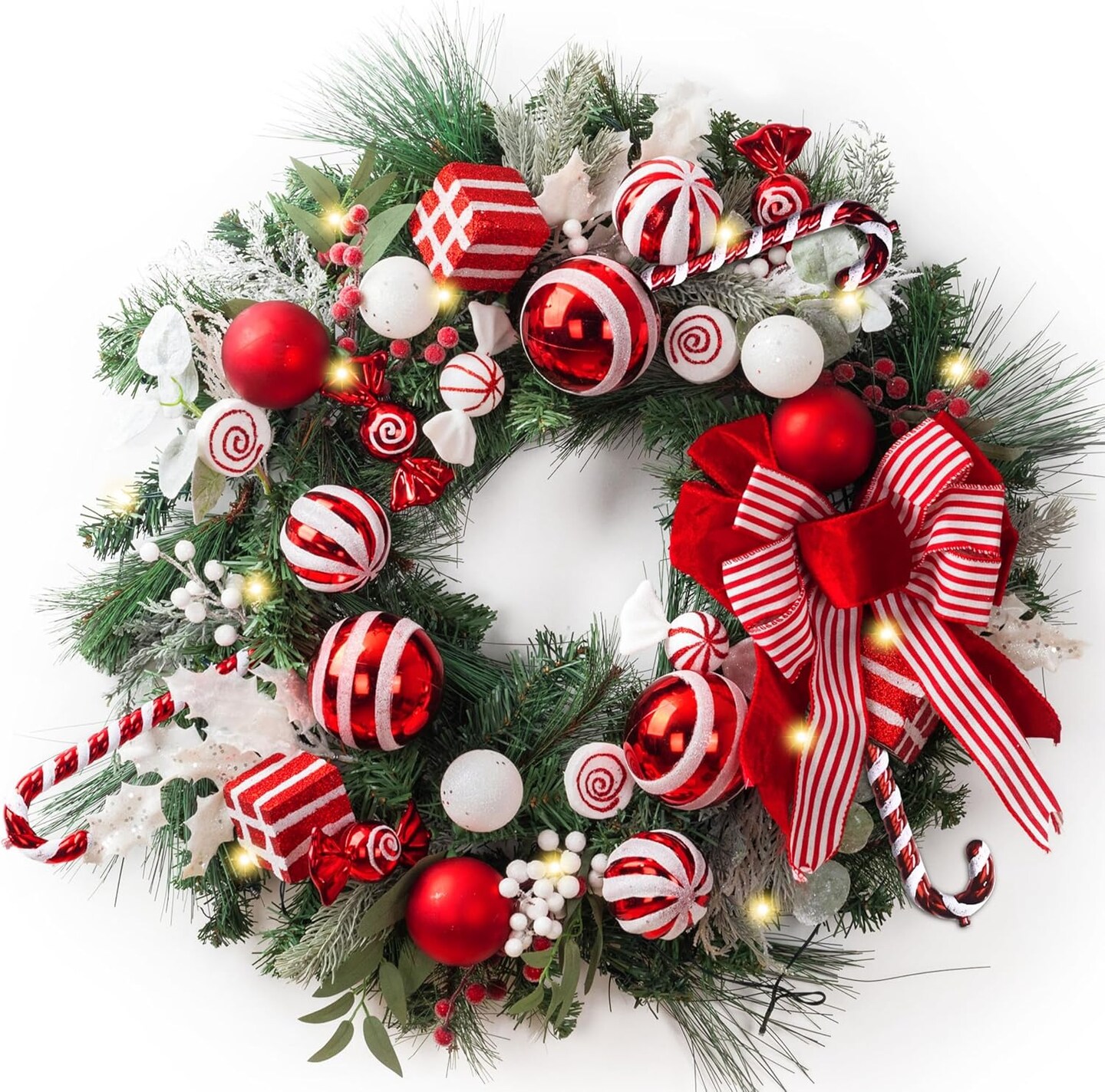 Large Lighted Outdoor Christmas Wreath (	Red/White) 4"D x 30"W x 30"H