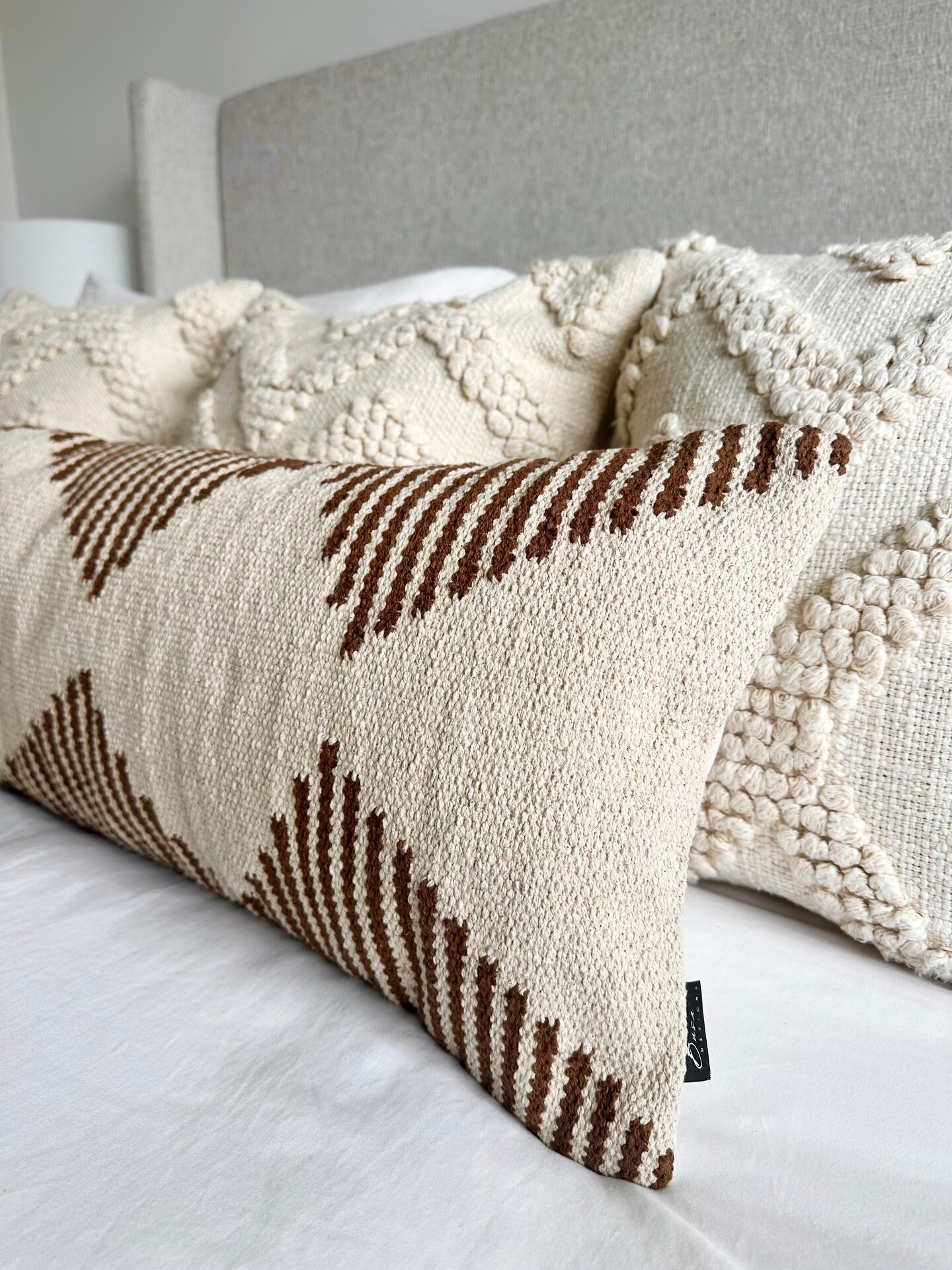 Oversized Lumbar Pillow 12x40 Modern Boho Striped Pillow Cover, Neutral Beige and Brown, Extra Long Bed Pillow, Boho Textured Lumbar Pillow