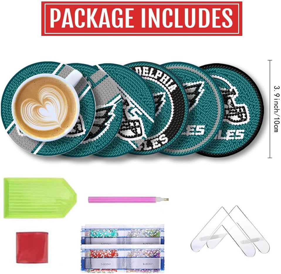 6 Pcs Diamond Paintings Coasters Kits with Holder, DIY Football Diamond Art Coasters for Adults Kids, Diamond Dot Kits for Philadelphia Craft Gifts