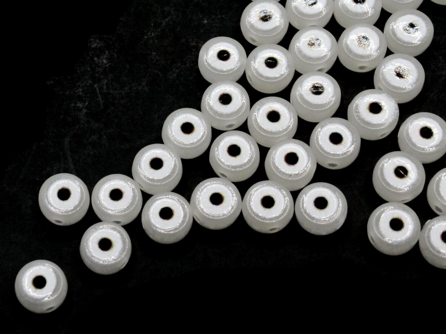 50 7mm Glow in the Dark Black and White Evil Eye Small Smooth Flat Round Disc Plastic Beads