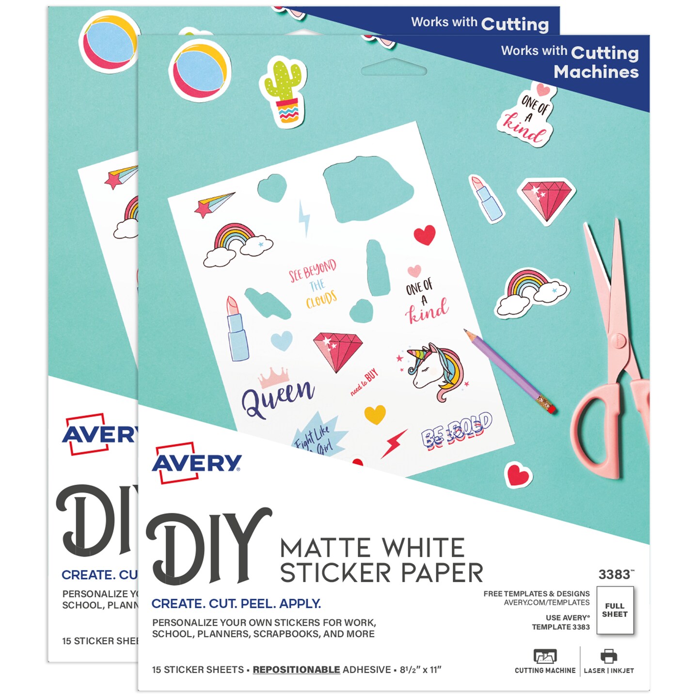 Avery Printable Sticker Paper, 8.5&#x22; x 11&#x22;, Matte White, Repositionable Adhesive, Laser &#x26; Inkjet Compatible, 30 Full-Size Label Sheets (2-Pack of 3383)
