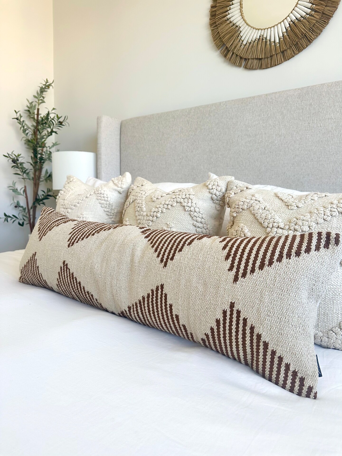 Oversized Lumbar Pillow 12x40 Modern Boho Striped Pillow Cover, Neutral Beige and Brown, Extra Long Bed Pillow, Boho Textured Lumbar Pillow