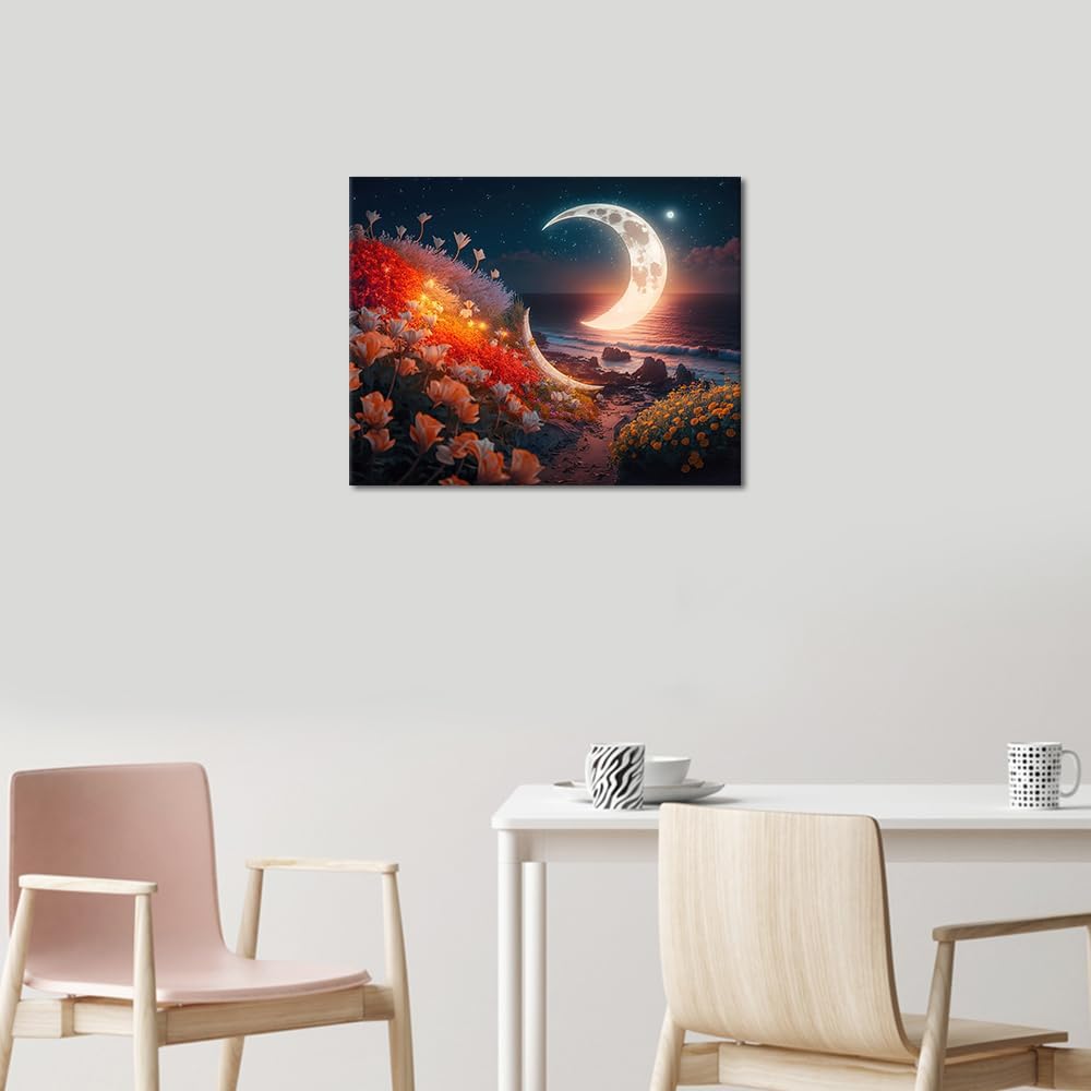Moon Paint by Numbers, Moon and Flowers on The Beach at Night Paint by Number for Adult, Flowers Paint by Number Kits on Canvas for Home Wall Decoration, 16&#x22;x20&#x22;
