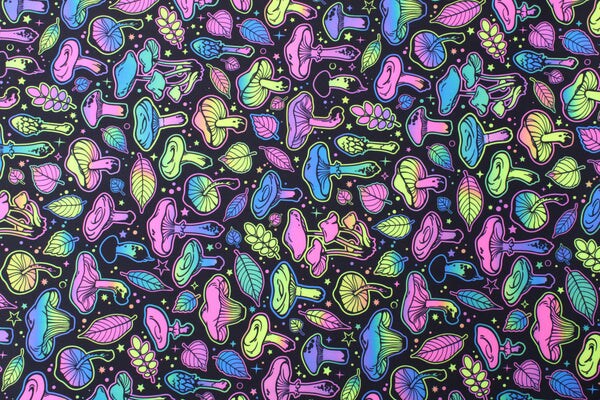 1 Yard Psychedelic Mushroom Blacklight Reactive Four Way Stretch Spandex Fabric 58"/60" Width
