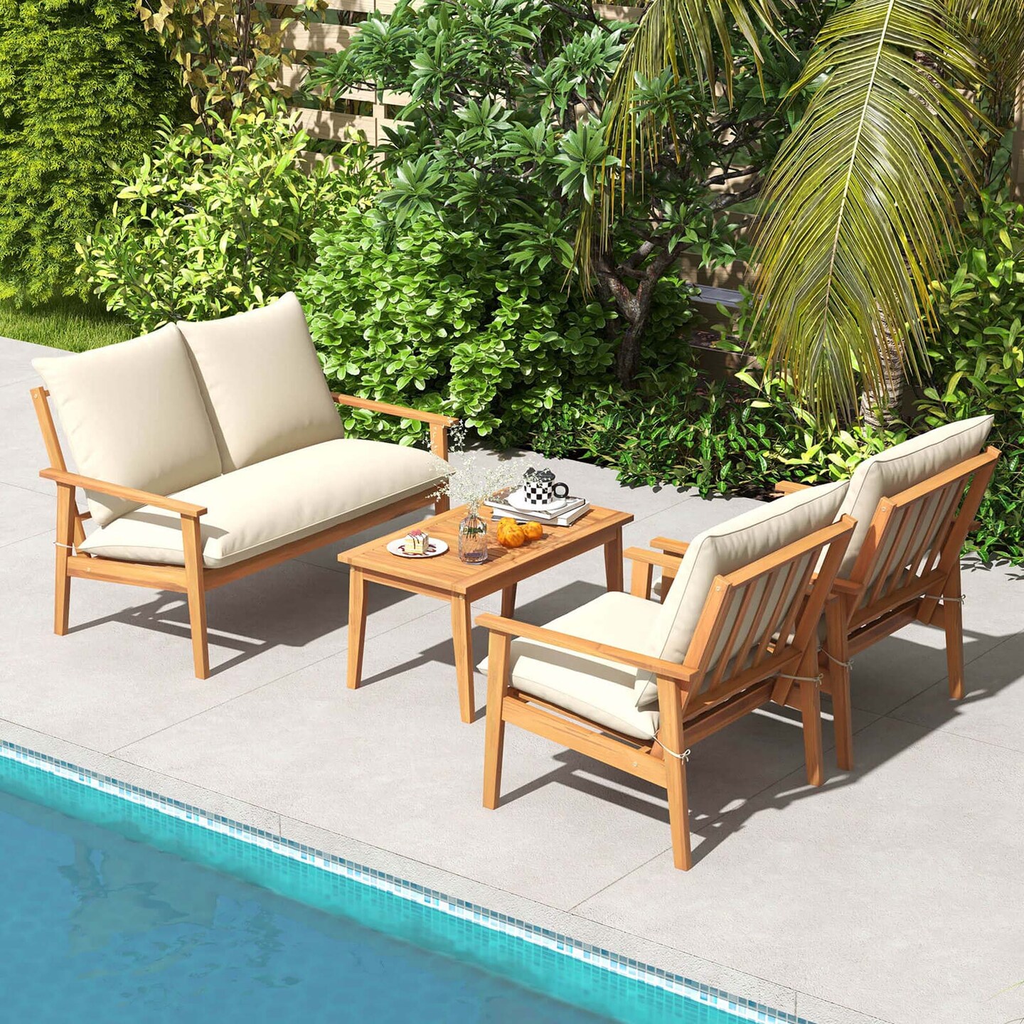 Costway 4 PCS Acacia Wood Patio Furniture Set with Soft Cushions and Coffee Table
