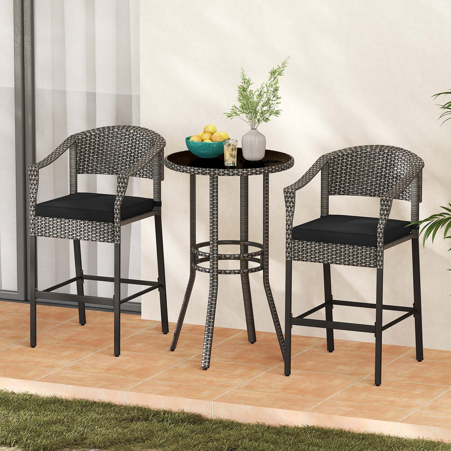 Costway 3-Piece Patio Rattan Bar Set Wicker Bar Height Armchairs & Round Table