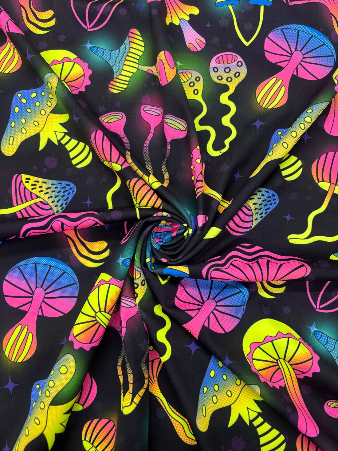 1 Yard 80% Polyester 20% Spandex Black Trippy Mushroom Spandex Fabric for Costumes and Swimwear 58"/60" Width