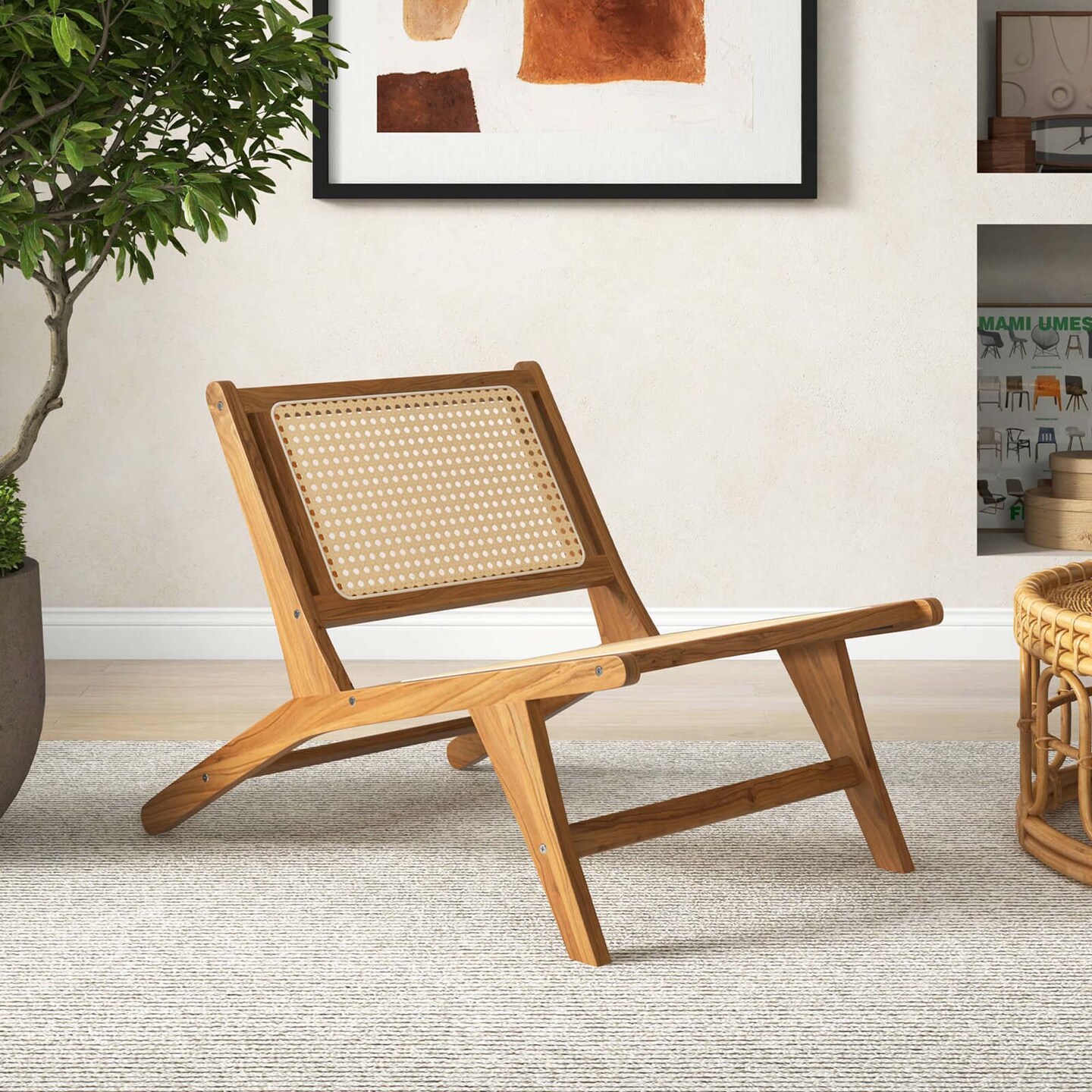 Costway 1/2 PCS Mid Century Modern Teak Wooden Chair with Handwoven Rattan Seat & Backrest
