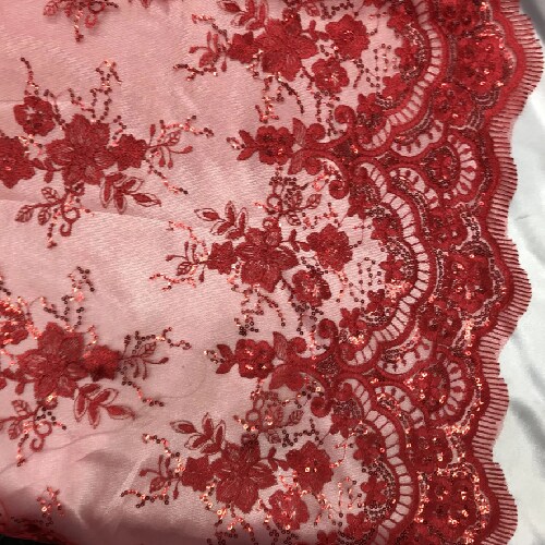 1 Yard Red Sequin Lace Fabric Embroidered Mesh Polyester Material for Dresses Gowns Costumes 51" Width