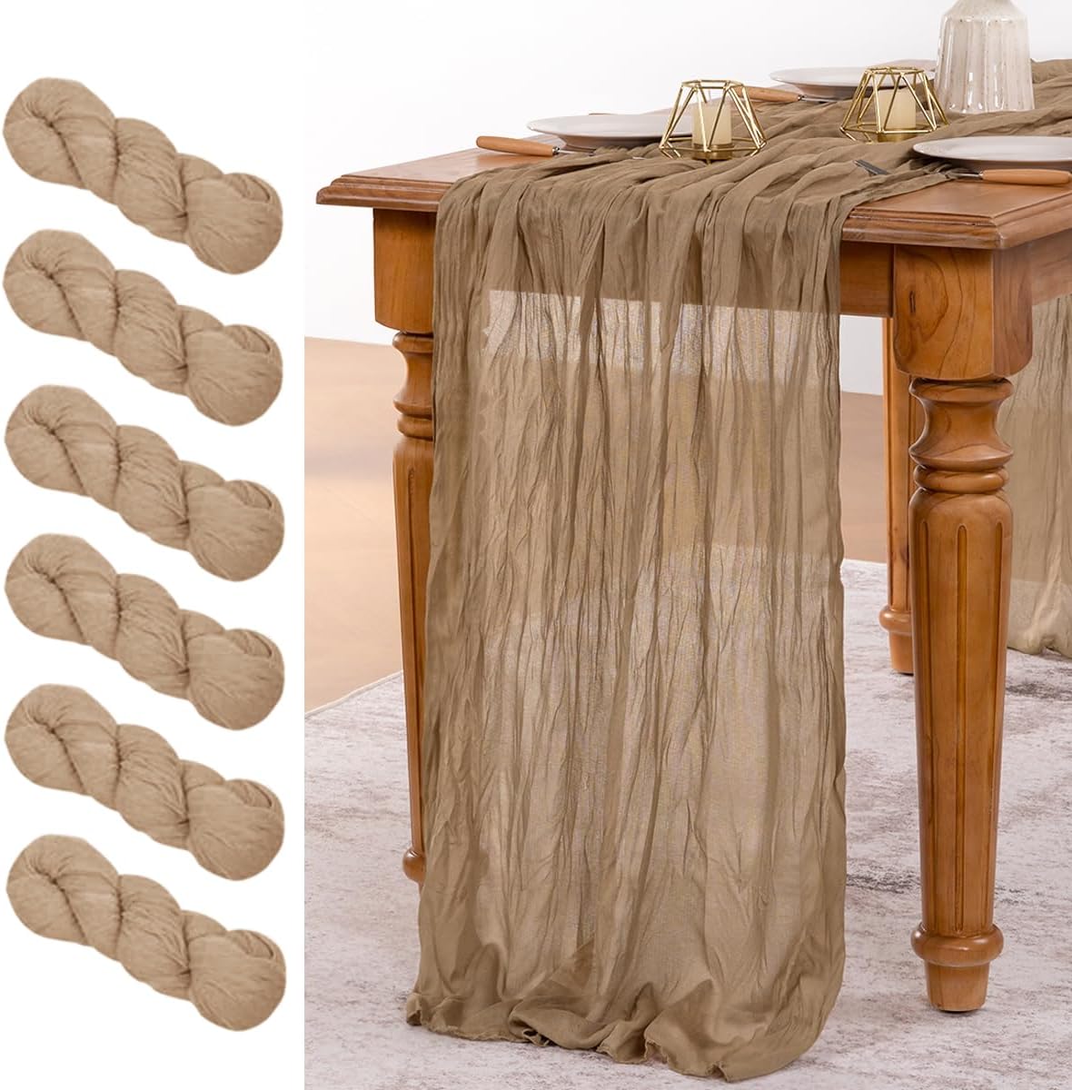 6-Pack Extra Long Cheesecloth Table Runners, 14ft Nude Boho Gauze Table Runners (35 x 170 Inches), Bulk Rustic Sheer Fabric for Wedding Receptions, Baby Showers, Bridal Parties & Banquets