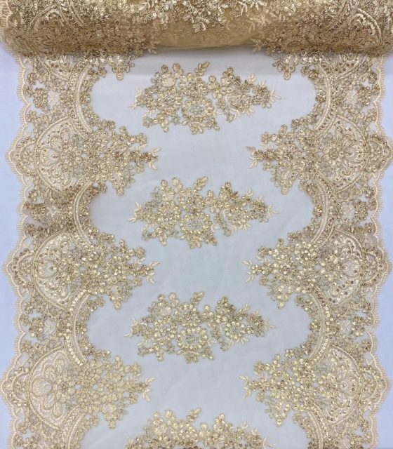 1 Yard Gold Sequin Lace Fabric Embroidered Mesh with Scalloped Borders for Dresses & Decor 100% Polyester, 51” Wide