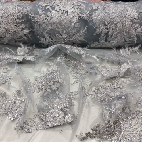 1 Yard Silver Sequin Lace Fabric with Embroidered Mesh and Double Scalloped Edge 51" Width