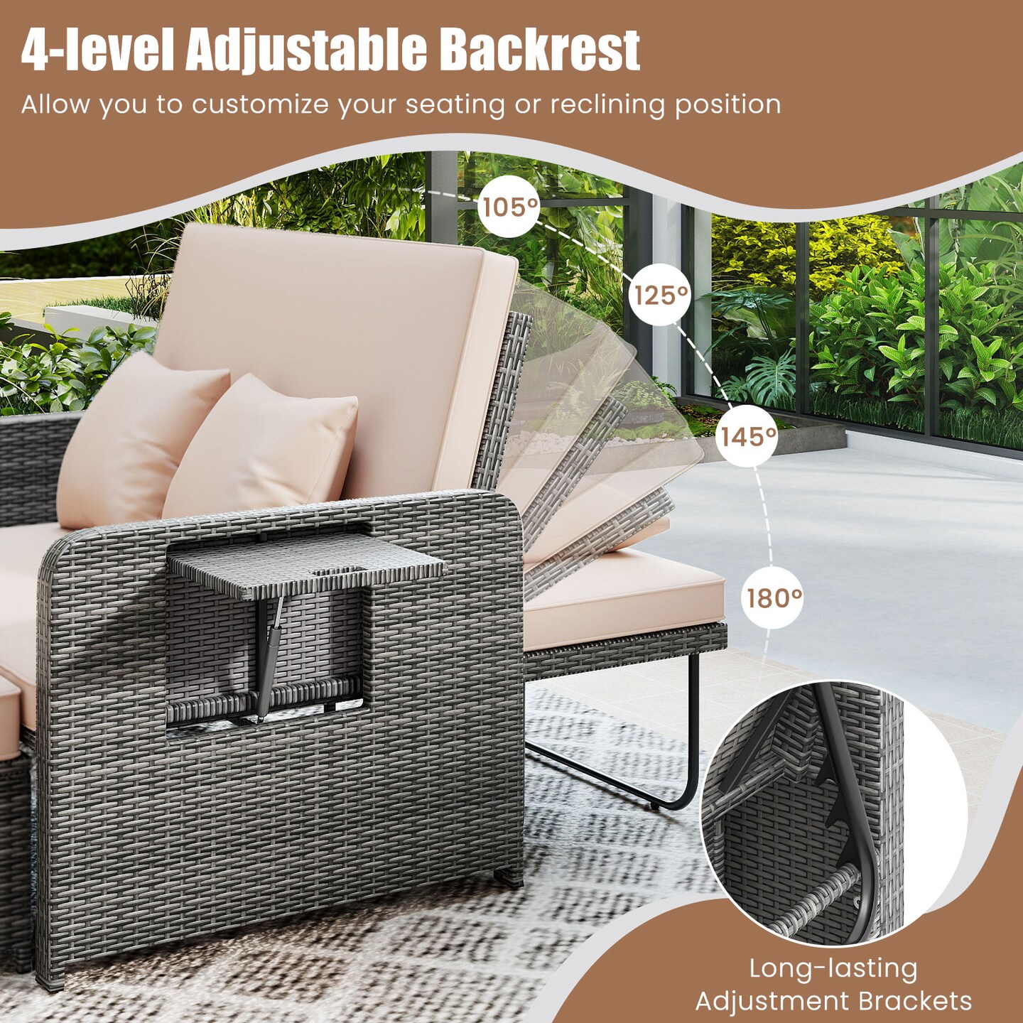 Outdoor Wicker Loveseat with Adjustable Backrest and Storage Ottoman