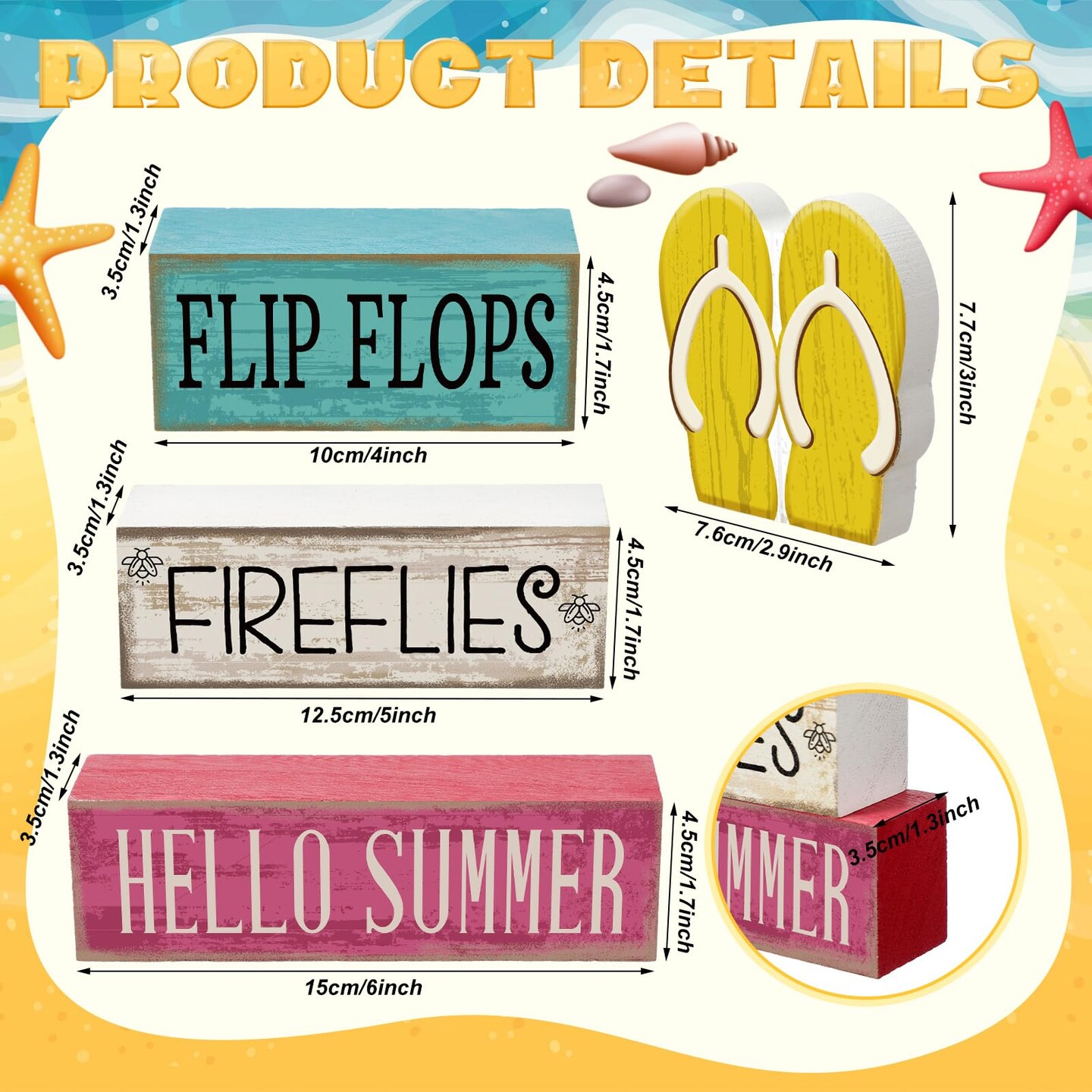 4 Pcs Summer Table Decorations Wooden Sign Flip Flops Table Centerpiece Summer Tiered Tray Decor Decorative Faux Book Stack Block for Coffee Fireplace Mantel Floating Shelf Hawaii