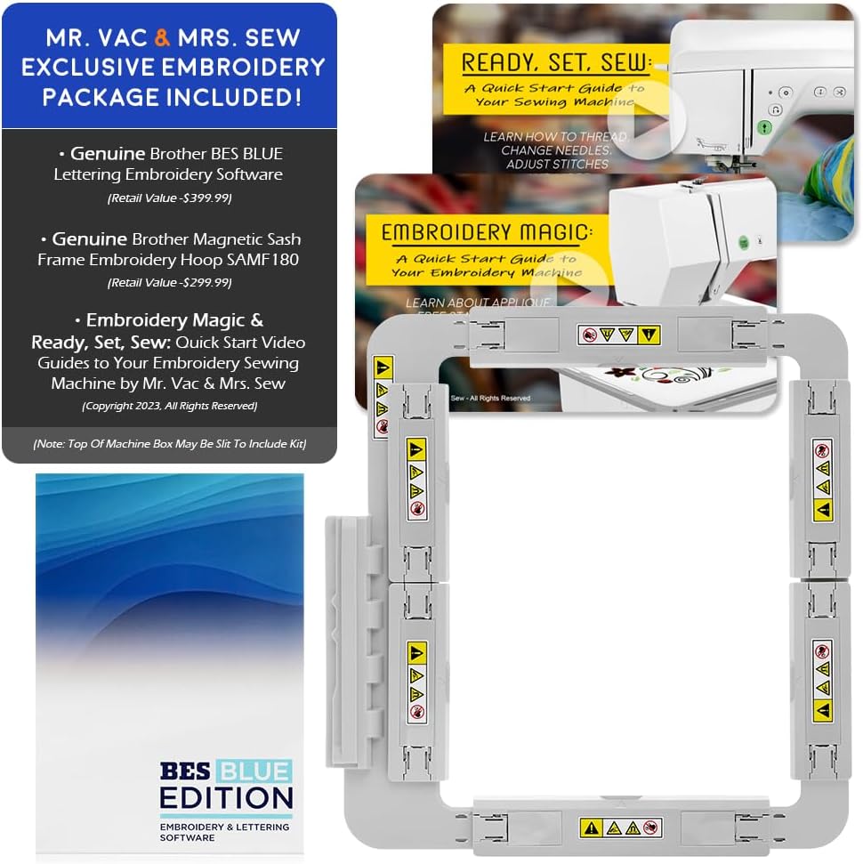 Brother NQ3550W Sewing & Embroidery Machine, 6" x 10" Field Size, 291 Sewing Stitches, Includes BES Lettering Software + Brother Magnetic SAMF180 Hoop + Mr. Vac & Mrs. Sew - Embroidery + Sewing Videos