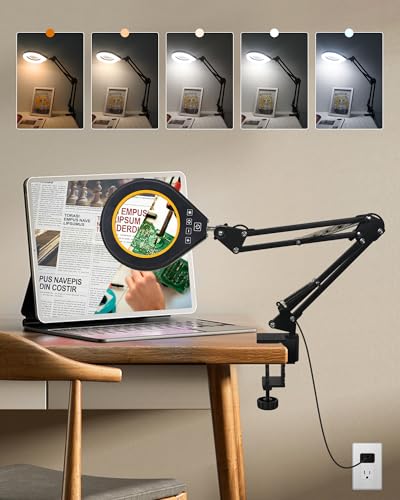 Magnifying Glass with Light, 10X &#x26; 5X Real Glass &#x26; Anti-Glare Lens, 5 Color Mode Stepless Dimmable LED Desk Magnifying Lamp, Hands-Free Desk Lamp with Clamp for Crafts Reading Repair Hobby (Yellow)