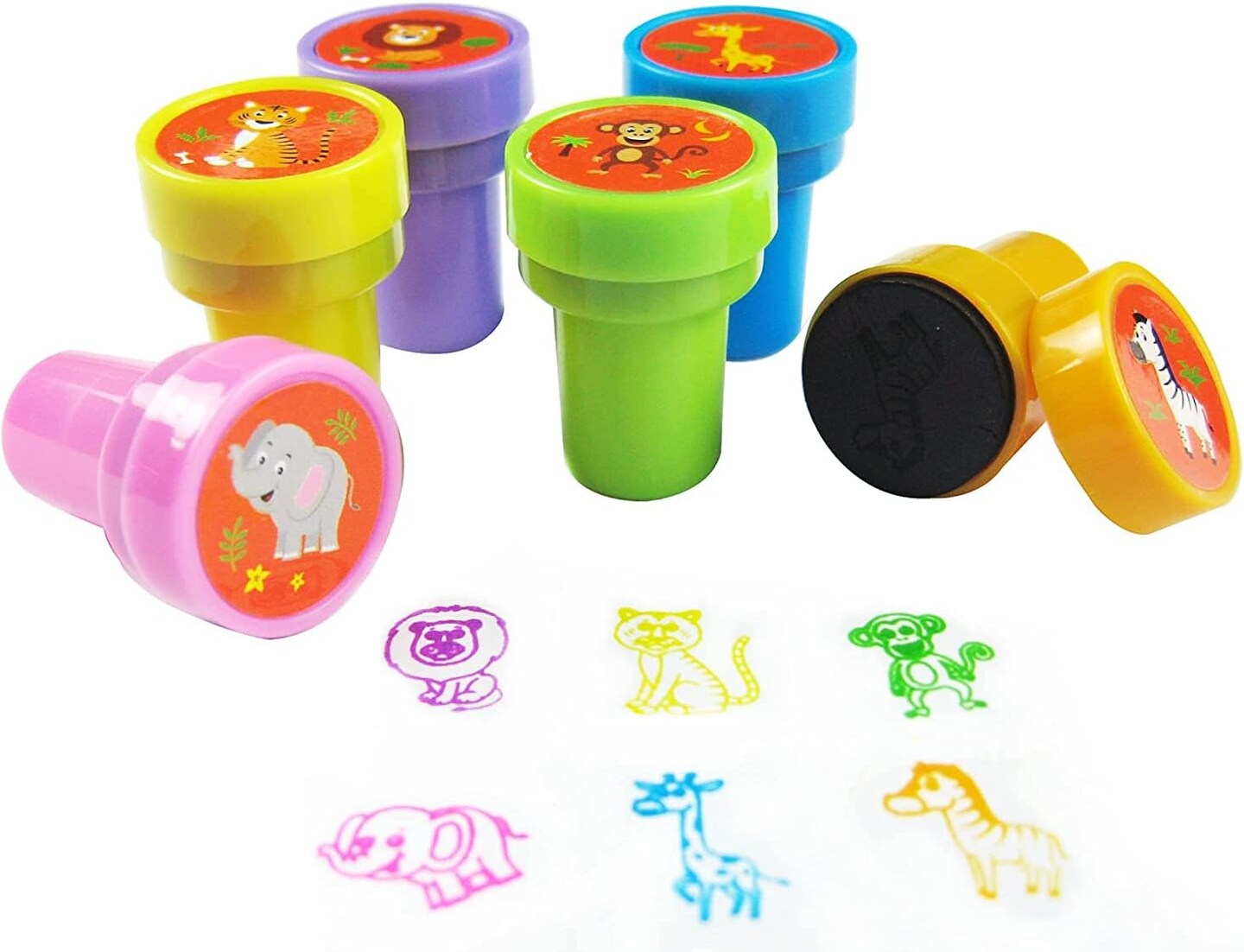 TINYMILLS Safari Animals Jungle Book Birthday Party Favor Set of 108 pcs (12 Large Party Favor Treat Bags with Handles, 24 Self-Ink Stamps for Kids, 12 Sticker Sheets, 12 Coloring Books, 48 Crayons)