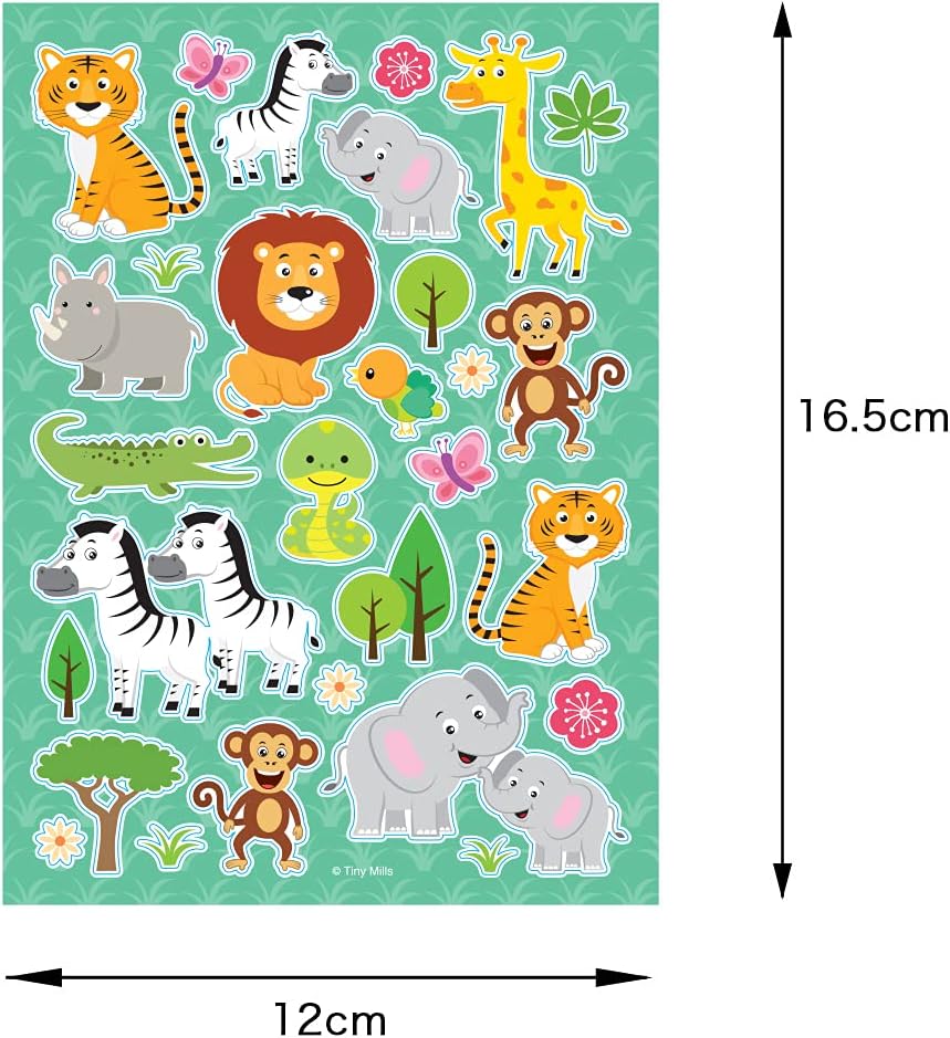 TINYMILLS Safari Animals Jungle Book Birthday Party Favor Set of 108 pcs (12 Large Party Favor Treat Bags with Handles, 24 Self-Ink Stamps for Kids, 12 Sticker Sheets, 12 Coloring Books, 48 Crayons)
