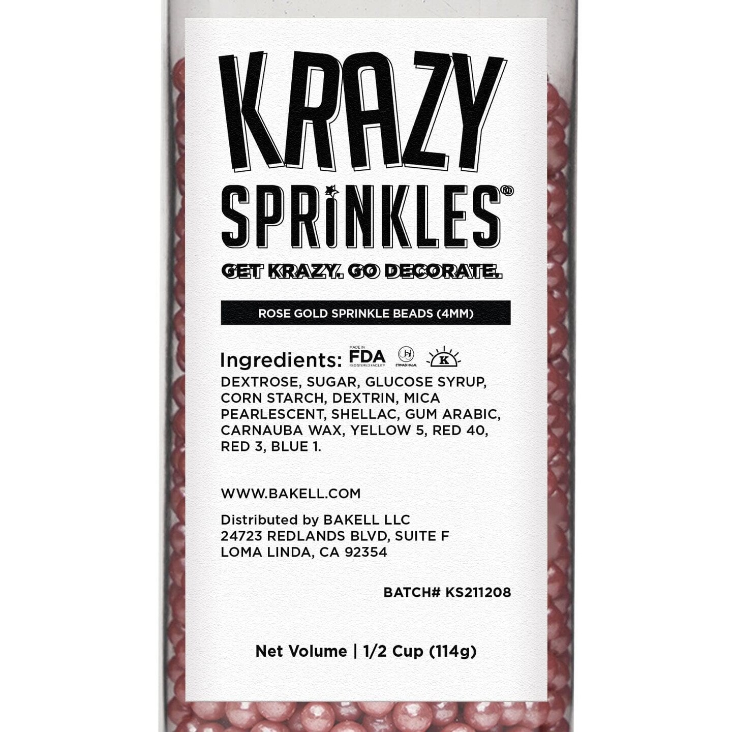 Krazy Sprinkles - Rose Gold Pearl 4mm Beads (1/2 Cup, 1x Jar) for Cakes, Ice Cream & Cookies