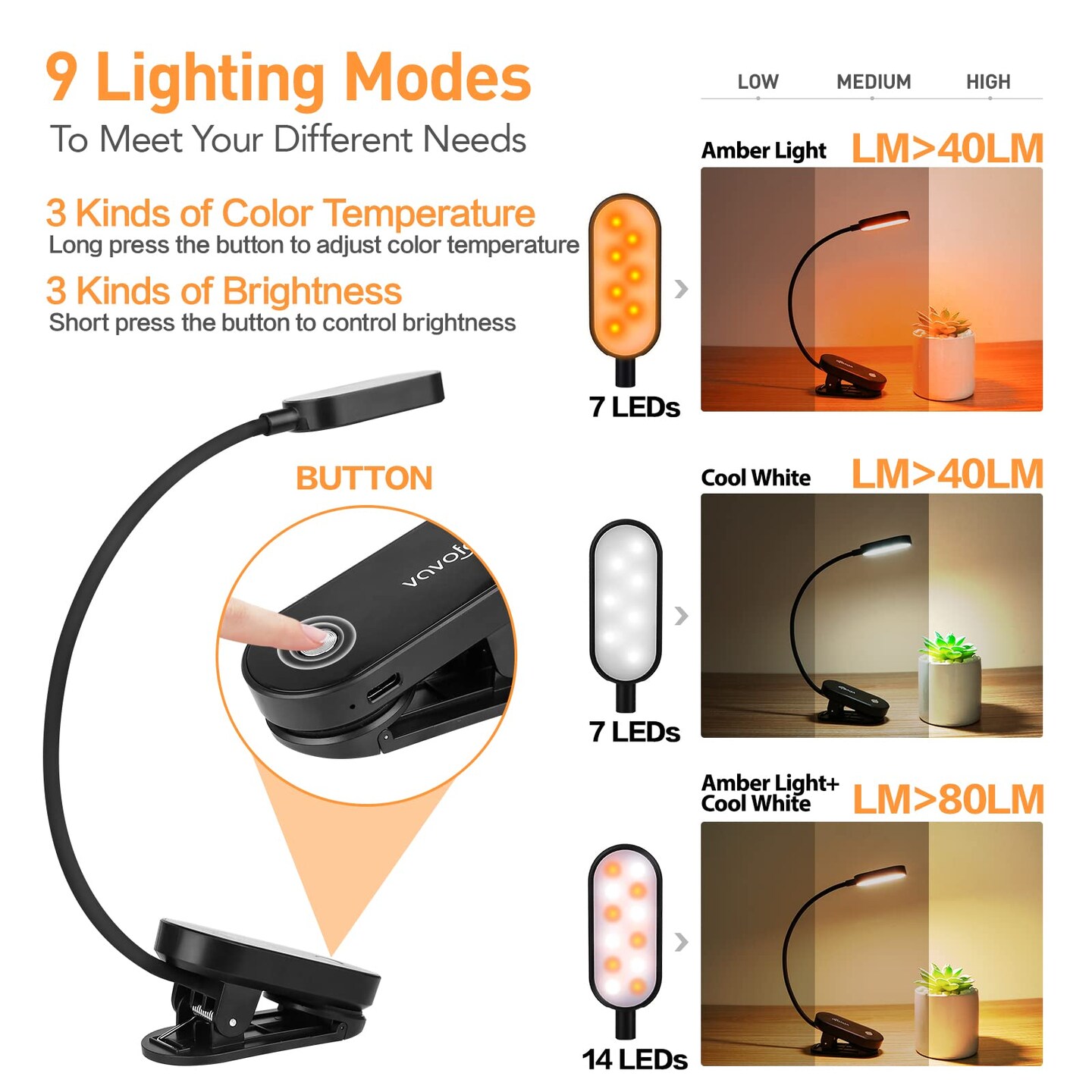 Rechargeable Book Light, 14 LEDs Eye Care Clip On Amber Reading Light for Bookworms Reading in Bed with 9 Colors 9 Brightness(Black)
