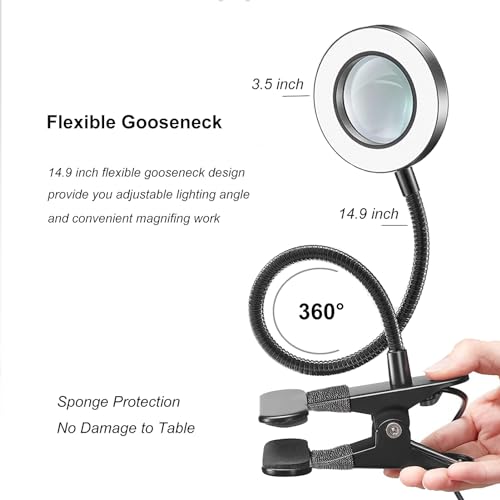 Yeegras Desk Magnifying Glass with Light 10x, Magnifer with 3 Light Color, 10 Adjustable Brightness, Flexible Gooseneck, Magnifying Lamp with Clamp for Craft, Diamond Painting, Soldering, Elderly