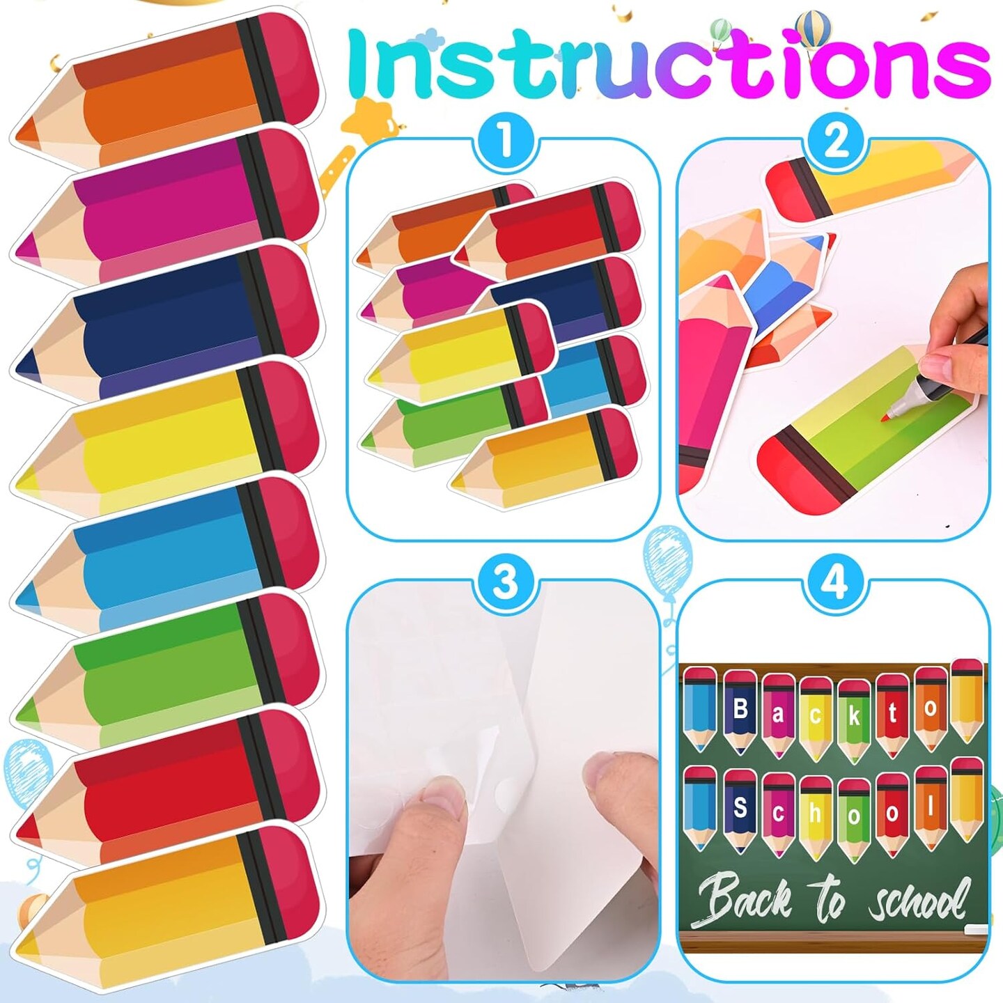 72 PCS Colorful Pencils Cutouts for Classroom Decoration (Orange,vermilion,red,green,yellow,rose Red,navy,blue)