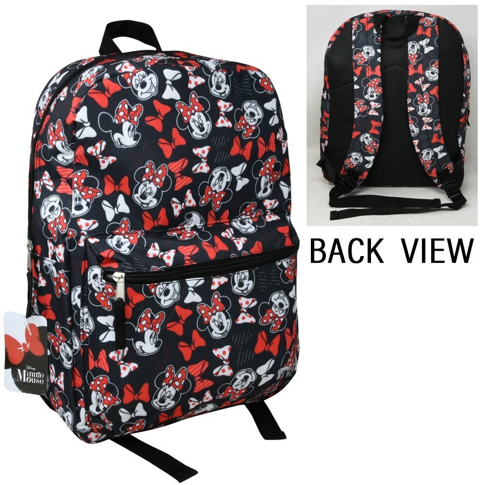 Minnie Mouse & Bows All Over Print Black and Red 16" Backpack with Front Pocket