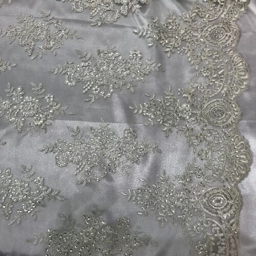 1 Yard Ivory Sequin Lace Fabric 54” Wide Polyester Mesh with Embroidery & Sequins for Bridal & Decor